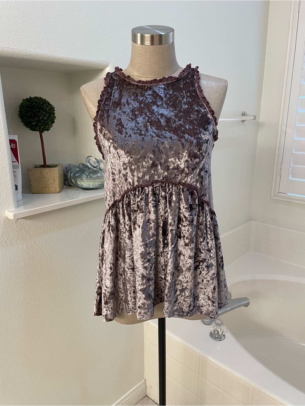 Crushed Velvet Sleeveless Peplum babydoll top purple